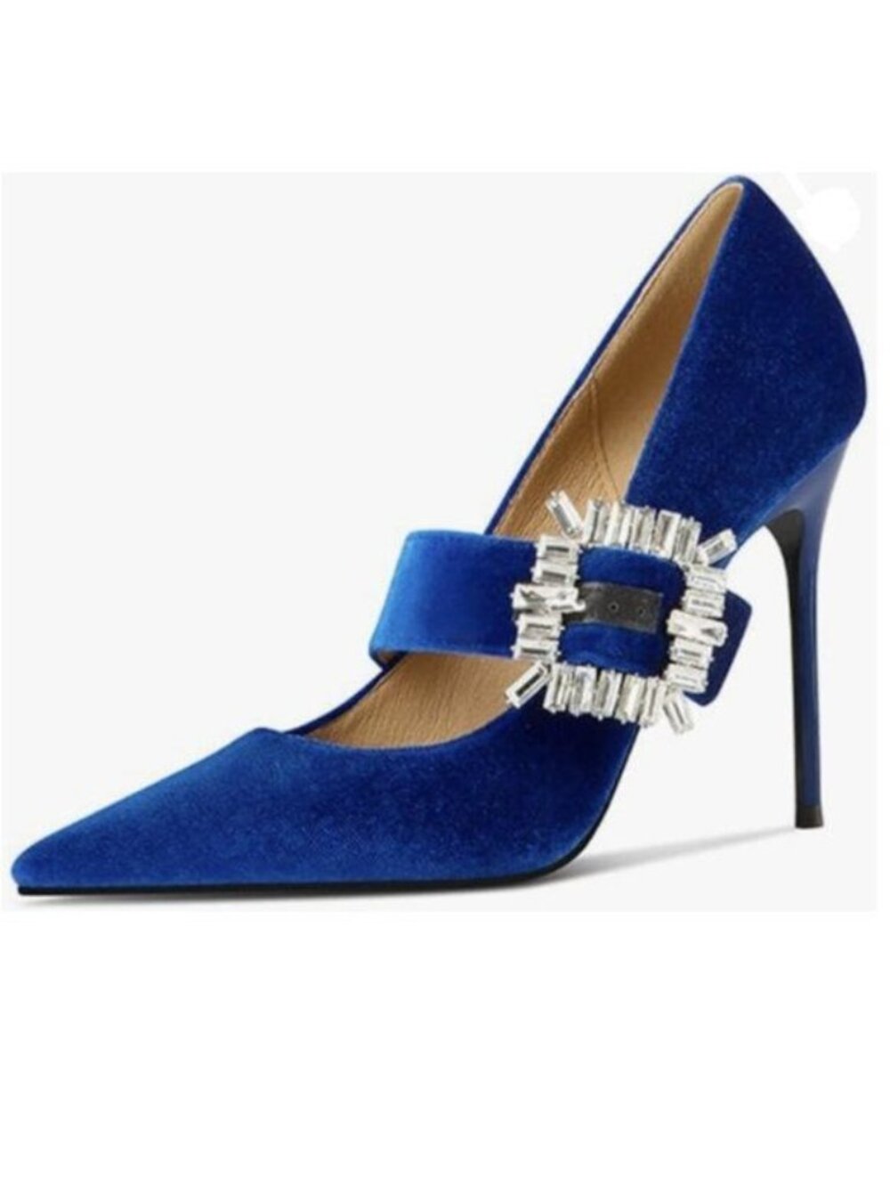 FSJ Women Pointed Toe High Heel Pumps Velvet Slip On Shining Rhinestone Blue